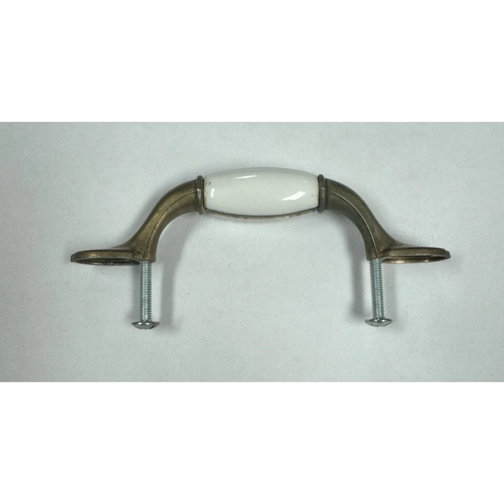 5 Inch White Porcelain Ceramic & Bronze/ Brass Cabinet Door or Drawer Pull EA.